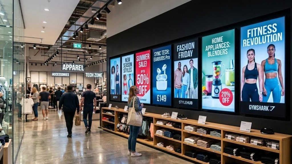Why More UK Businesses Are Shifting Towards Digital Signage 2 Retail digital signage screens showing targeted promotional content to customers, helping measure engagement and sales impact.