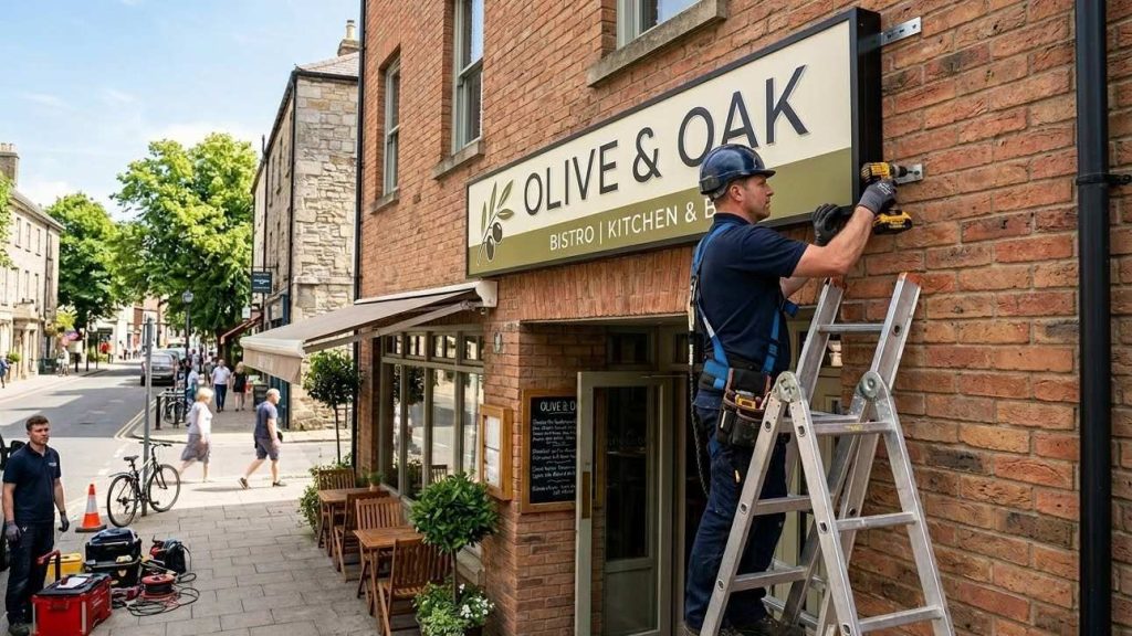 Seasonal Outdoor Business Signage Ideas for Spring & Summer Promotions 2 Professional installation of outdoor business signage showing wall-mounted fascia sign being securely installed on a UK retail shop front.