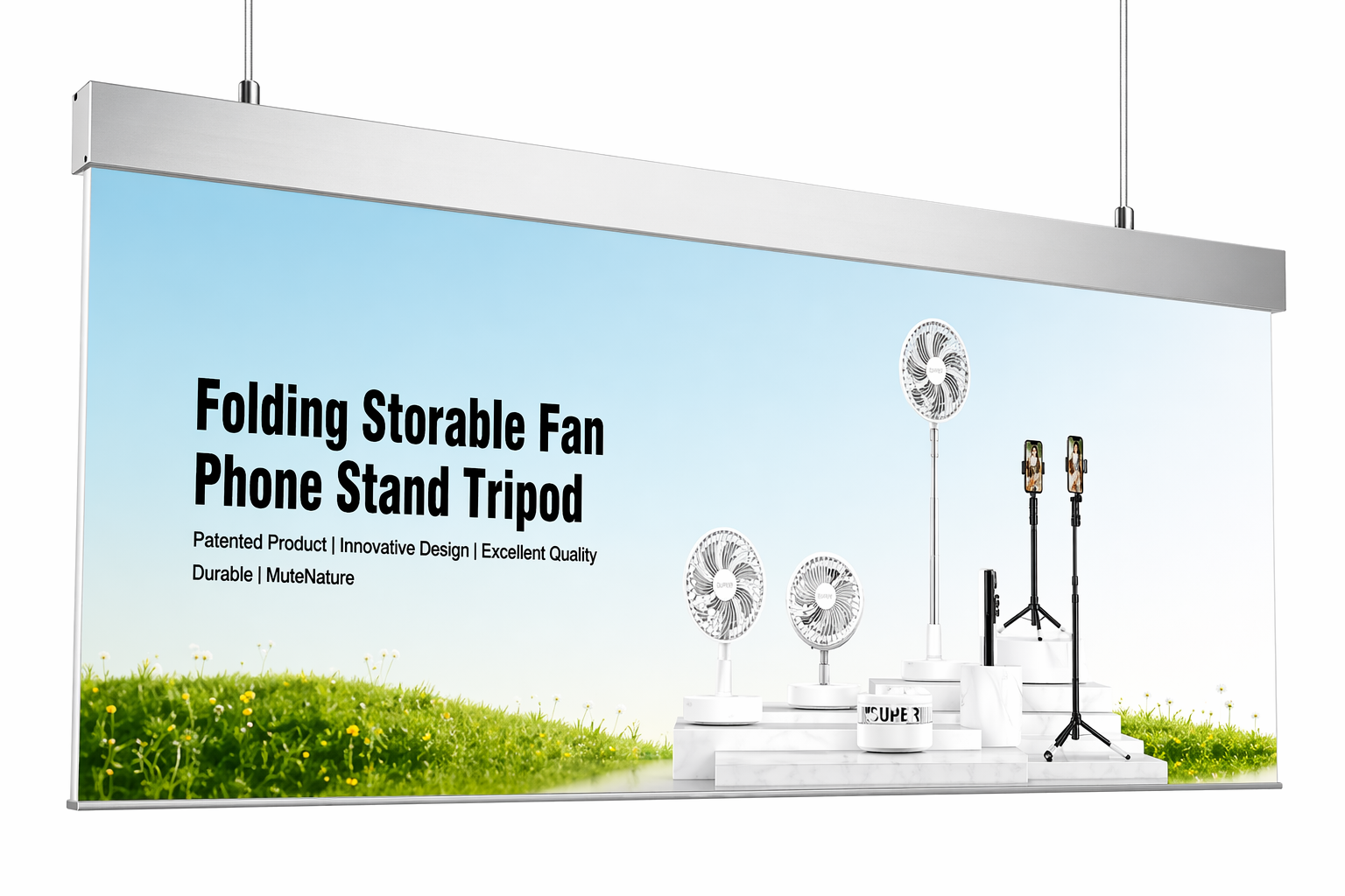 A sign displaying "Folding Sta - Tiptop Fan," indicating a product or service related to fans.