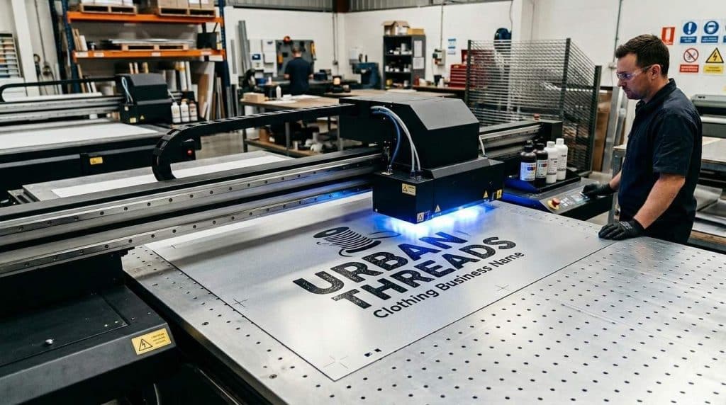 Best Metal Sign Printing Techniques for Premium Branding in the UK 1 UV direct metal sign printing process showing flatbed printer applying ink onto aluminium sheet with precision for durable printed metal signs.