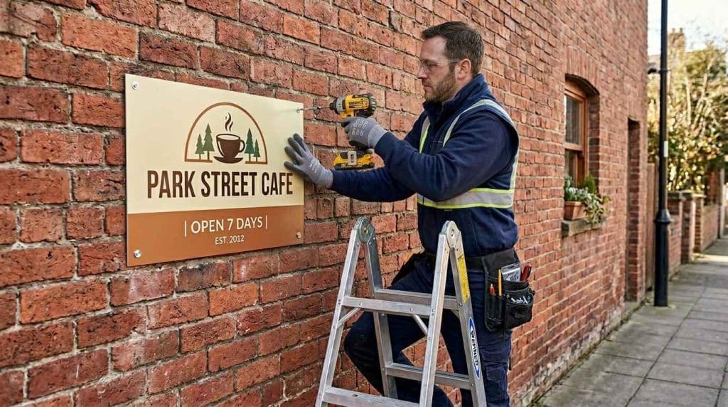 Best Metal Sign Printing Techniques for Premium Branding in the UK 2 Installation of aluminium metal sign printing on exterior brick wall using pre drilled holes and fixings for secure and long lasting outdoor signage mounting.
