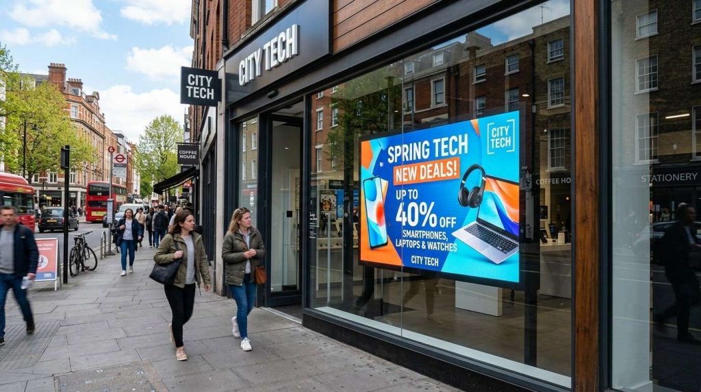 Guide to Choosing the Right Digital Signage Display for Your Business 2 High brightness digital signage display in shop window visible from outside showing advertising content clearly in daylight conditions