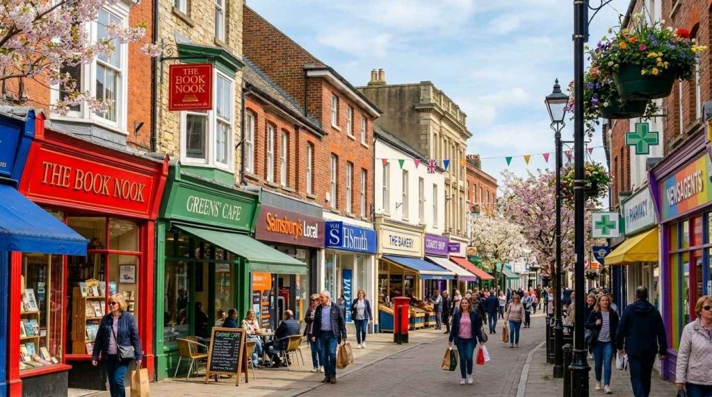 Seasonal Outdoor Business Signage Ideas for Spring & Summer Promotions 1 UK high street in spring showing shops with outdoor business signage, pavement signs, and colourful branding.