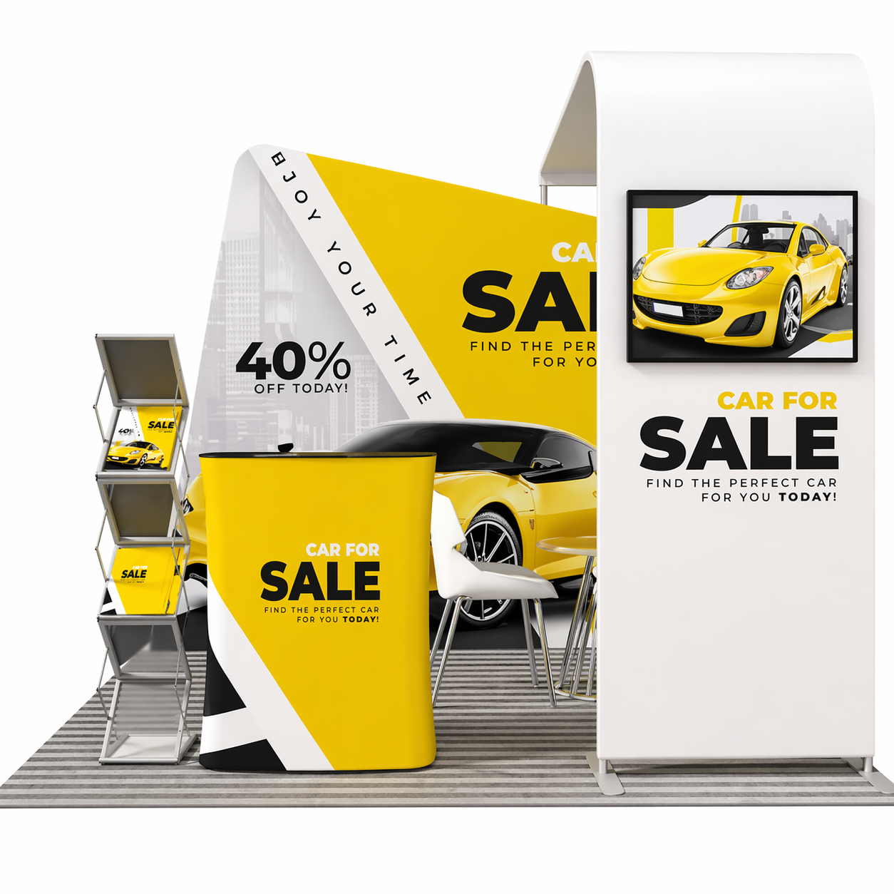 A striking yellow and black car on display, featuring a bold sale sign to attract potential buyers.