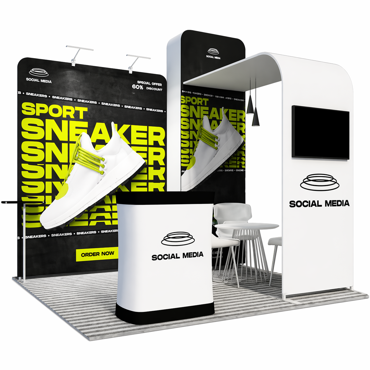A black and white trade show booth featuring a prominent sign that reads "Sport Sneaker."