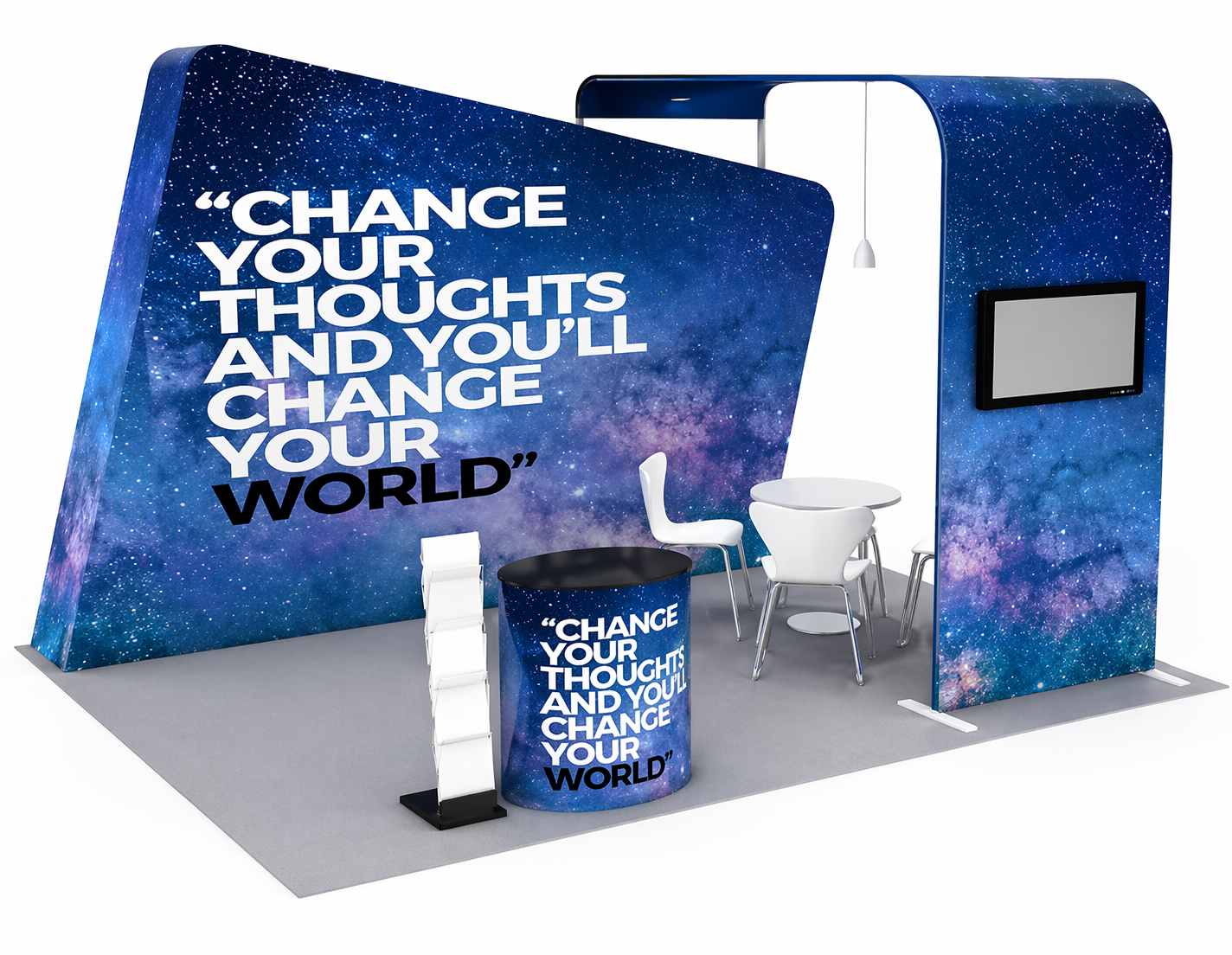 . Trade show booth with a blue background featuring a sign: "Change your thoughts, you'll change the world."