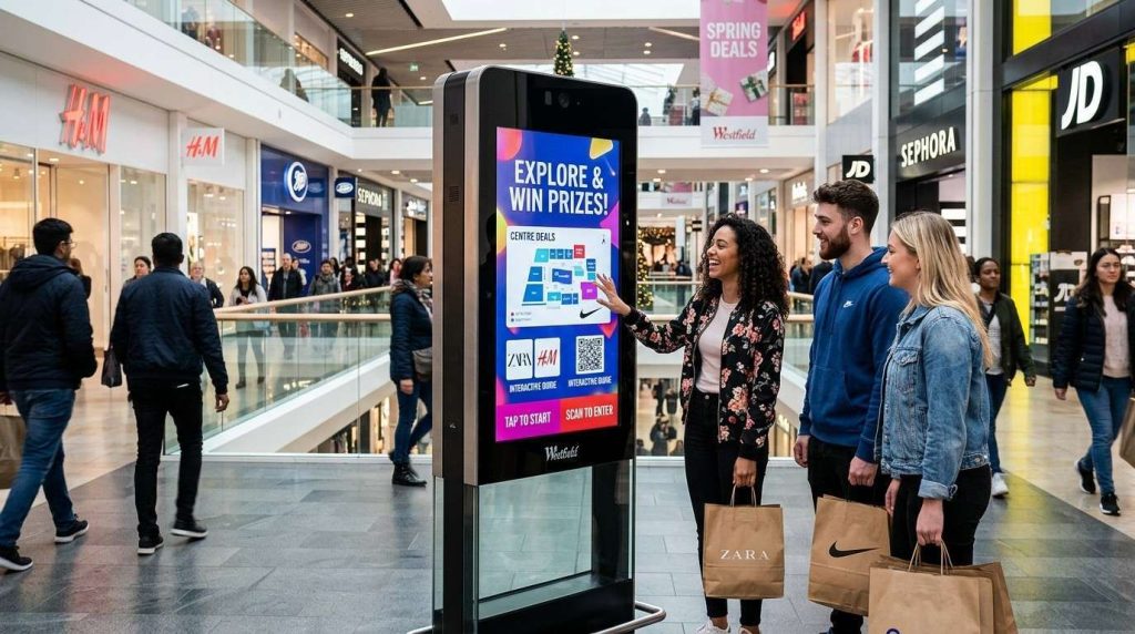 Guide to Choosing the Right Digital Signage Display for Your Business 1 Floor standing digital signage display in shopping centre corridor showing advertisements and engaging passers by with promotional content