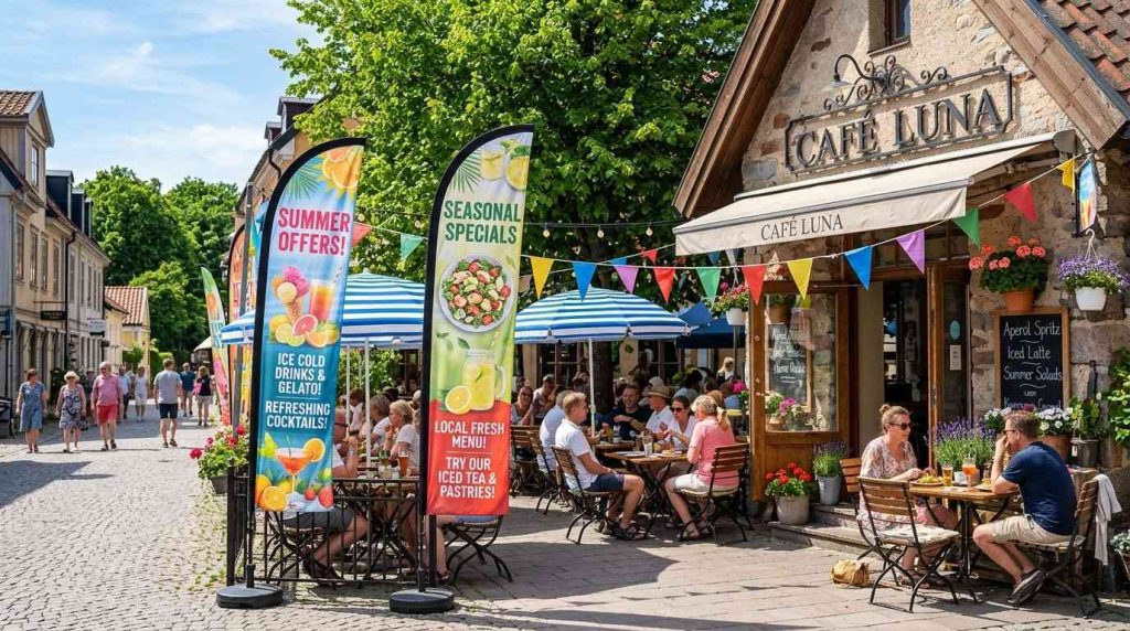 Seasonal Outdoor Business Signage Ideas for Spring & Summer Promotions 4 Café with outdoor seating area and bright summer banners and flags advertising seasonal offers showing importance of seasonal outdoor business signage.