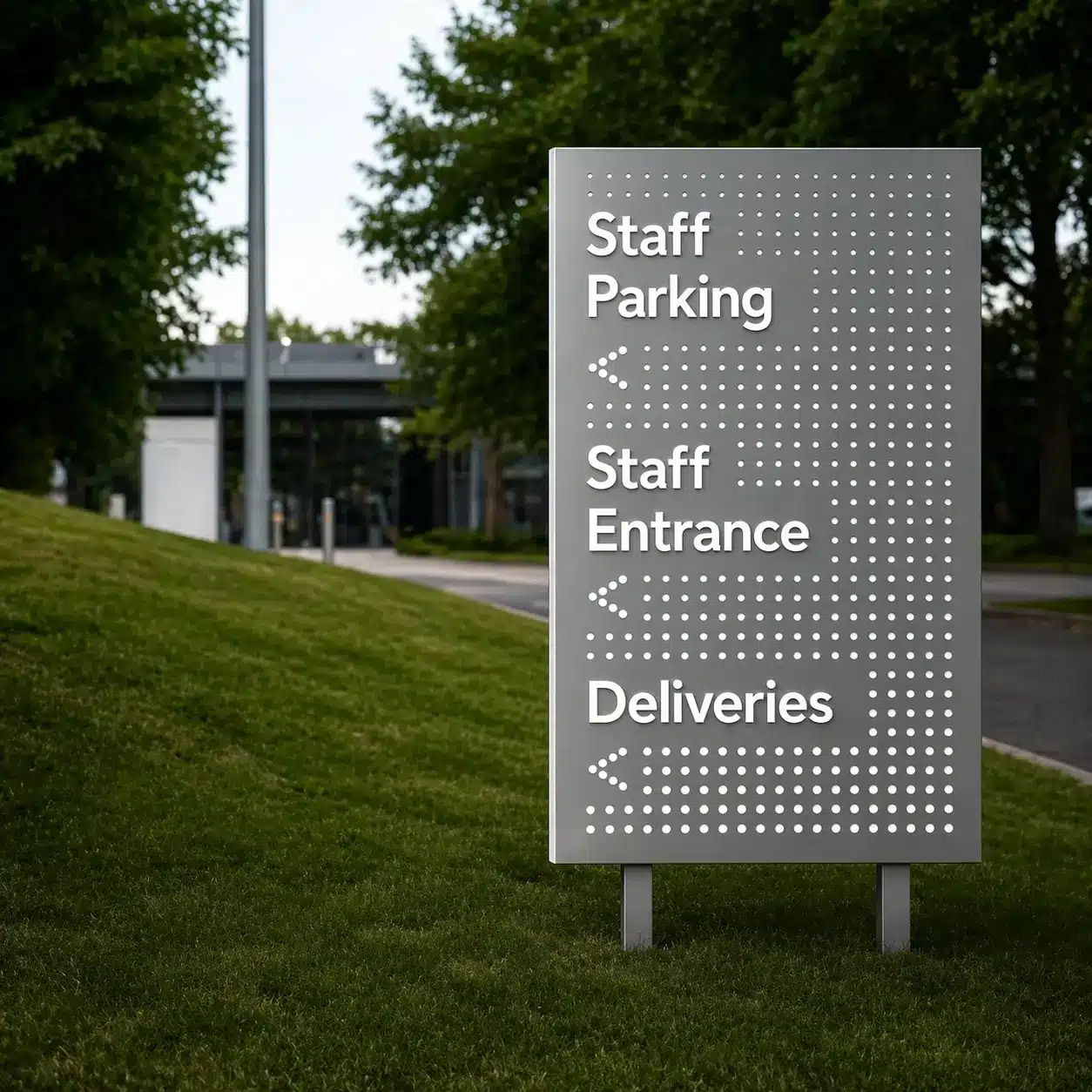 Sign indicating the entrance for staff parking and deliveries.