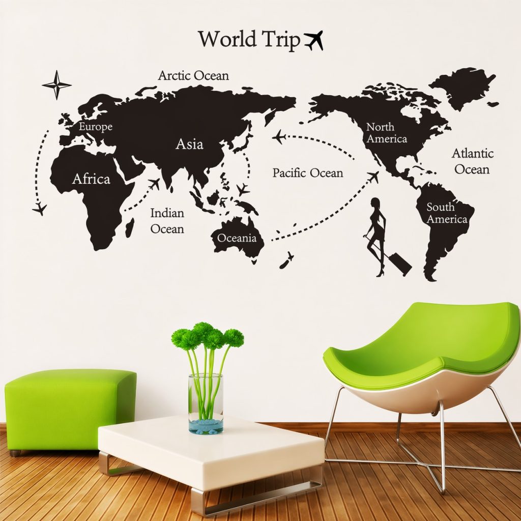 Wall decal featuring a colorful world map, showcasing continents and oceans in a stylish design.