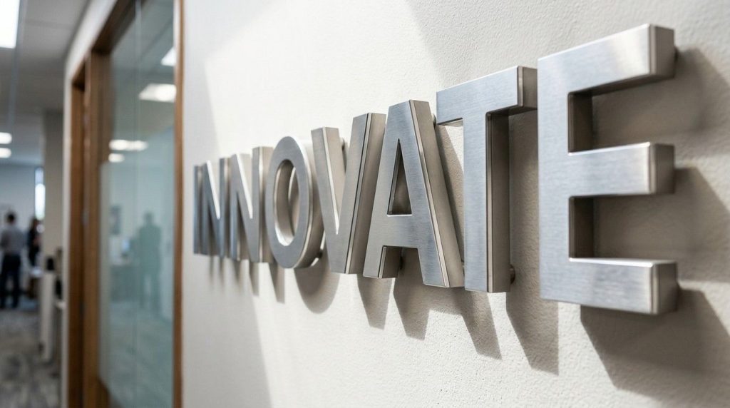 Why 3D Wall Signage Is Becoming the Future of Corporate Branding in the UK 1 Close-up view of raised 3d wall signage letters mounted on an office wall showing depth, shadow lines, and premium finish