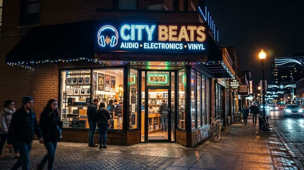 How to Design Retail Store Signage That Influences Buying Behaviour 1 Retail shop front at night with illuminated LED signage and glowing shop signs increasing visibility and attracting customers in low light conditions