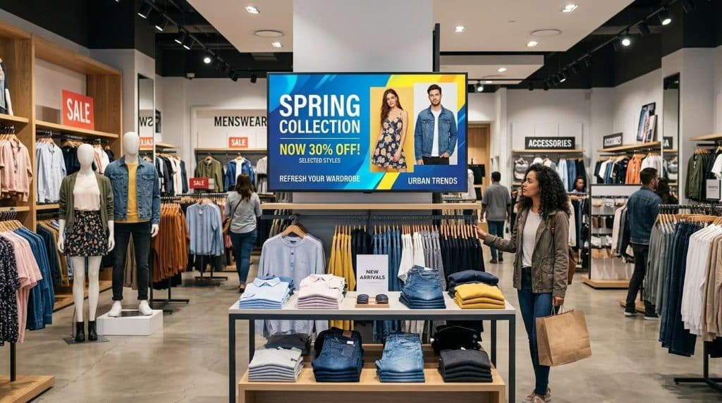 How to Design Retail Store Signage That Influences Buying Behaviour 2 Modern retail store interior featuring digital signage screen displaying promotional offers and interactive content for customer engagement