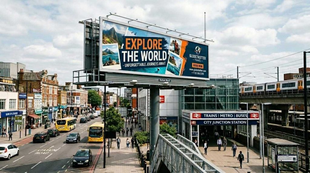 Billboard Signs That Work: Creative Designs & Proven Strategies 1 A large roadside billboard sign in a busy UK city showing a clean, simple advertisement with bold typography and vivid colours, surrounded by moving traffic and passers by during daytime.