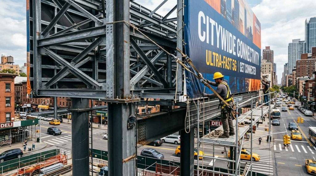 Billboard Signs That Work: Creative Designs & Proven Strategies 2 (Close view of a billboard frame made from metal steel poles supporting a large vinyl advertisement, showing durable outdoor construction materials and installation setup in an urban environment.) Billboard Signs