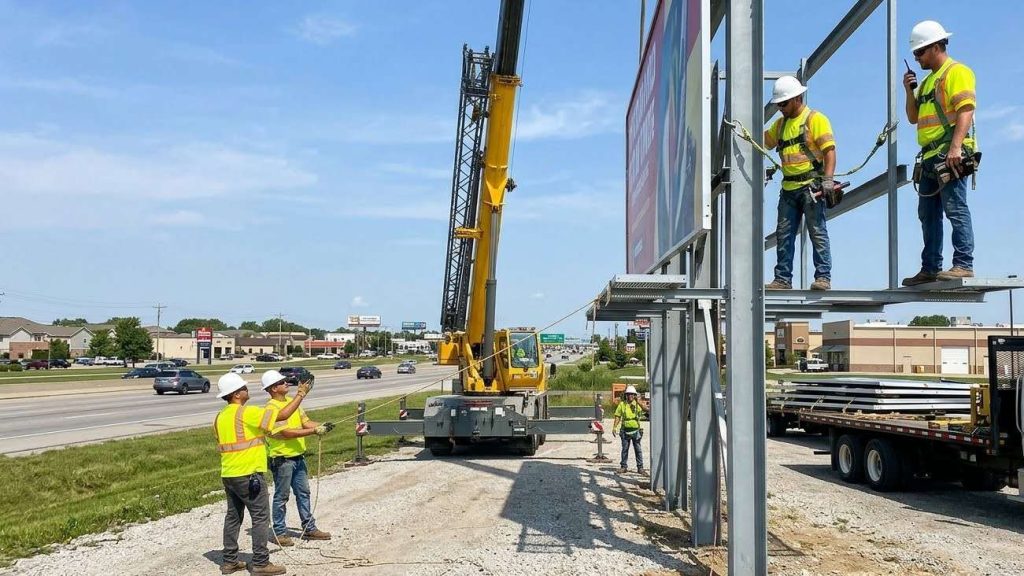 How to Choose the Right Billboard Sign Maker for Long-Term Branding Success 2 (A certified billboard installation team using lifting equipment to securely install a large outdoor billboard while wearing safety helmets and high-visibility clothing.)billboard sign maker