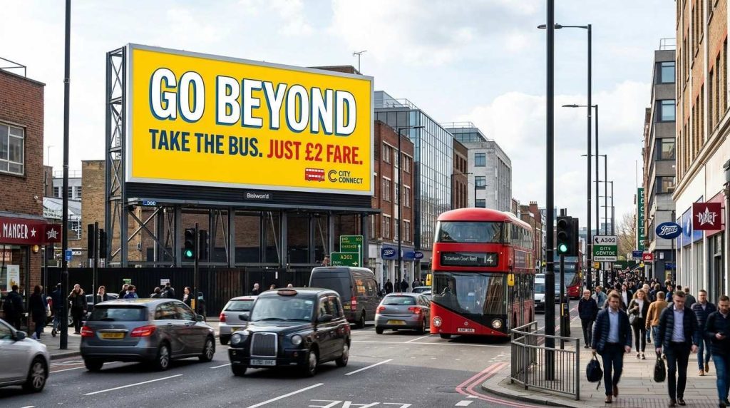 Billboard Signs That Work: Creative Designs & Proven Strategies 2 A large roadside billboard sign in a busy UK city showing a clean, simple advertisement with bold typography and vivid colours, surrounded by moving traffic and passers by during daytime.