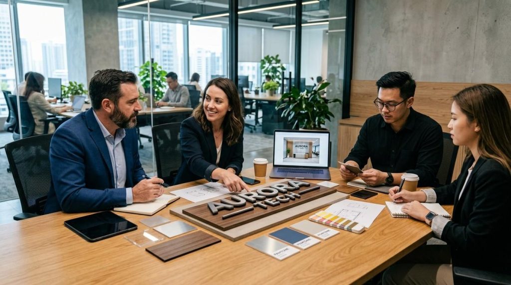 Why 3D Wall Signage Is Becoming the Future of Corporate Branding in the UK 2 Business team discussing a custom 3d wall signage project in a modern office with branding samples placed on a meeting table