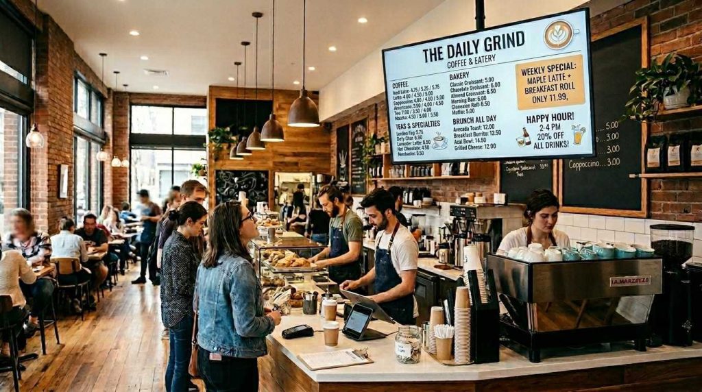 Indoor Vs Outdoor Digital Display Screen: What’s the Difference? 2 A café interior featuring a digital display screen used as a menu board showing food items, prices, and promotional offers for customers.
