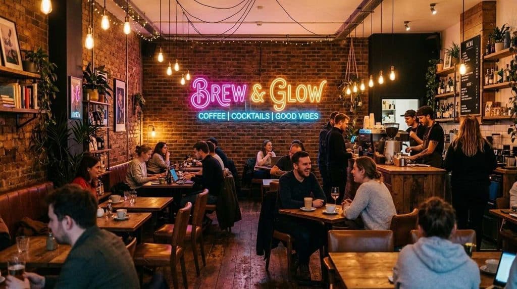 Neon Name Sign: 2026 Trends Guide for Retail & Events Decor 1 Stylish café interior with warm ambient lighting and a custom neon sign on the wall creating a welcoming and energetic atmosphere for customers”