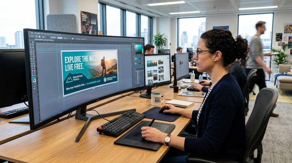 How to Choose the Right Billboard Sign Maker for Long-Term Branding Success 1 (A graphic designer reviewing a billboard advertisement on a large computer screen, adjusting colours, logo placement, and text layout in a professional office setting.)billboard sign maker