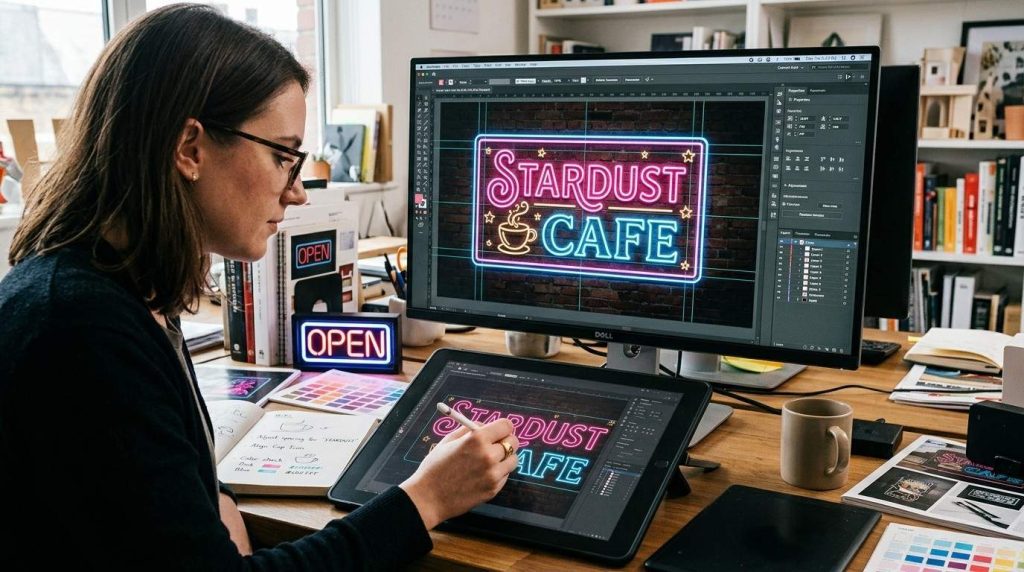 How Custom Design Neon Signs Are Designed: From Concept to Installation 1 designer reviweing custom neon