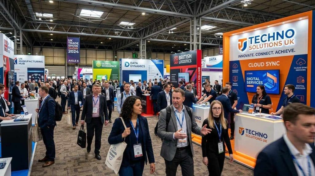 Exhibition Display Ideas That Increase Footfall & Visitor Interaction 3 Visitors walking through a busy exhibition hall in the UK trade show, with multiple branded exhibition stands attracting attention in a crowded environment.