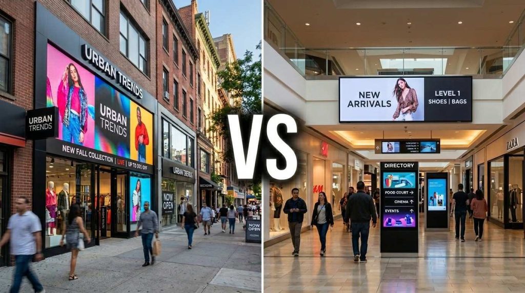 A modern UK retail store interior showing a digital display screen at the entrance displaying promotional offers and dynamic content for customers walking in.