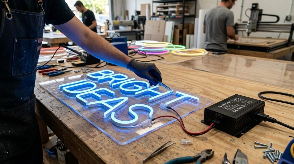 How Custom Design Neon Signs Are Designed: From Concept to Installation 2 (Close-up view of a custom LED neon sign during production, showing precision cut acrylic backing, carefully shaped neon tubes aligned to exact specifications, and an attached power supply unit ensuring safe and stable operation in a professional signage workshop.)custom design neon signs