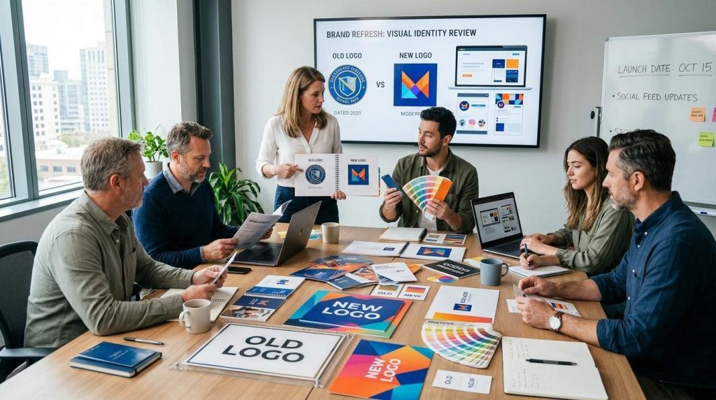Complete Guide to Company Rebranding Using Professional Signage in the UK 1 Marketing team reviewing printed brand materials and digital screens in a meeting room, comparing old logos, colour palettes, and signage samples spread across a table.
