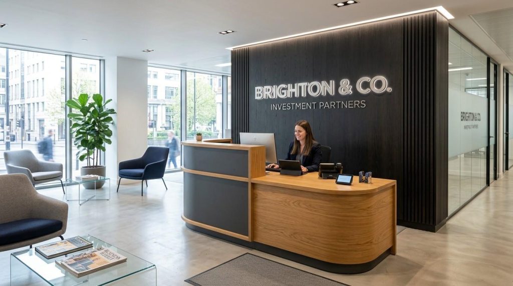 Why 3D Wall Signage Is Becoming the Future of Corporate Branding in the UK 3 Modern UK office reception area with clean interior design and professional 3d wall signage logo behind the front desk creating a strong first impression