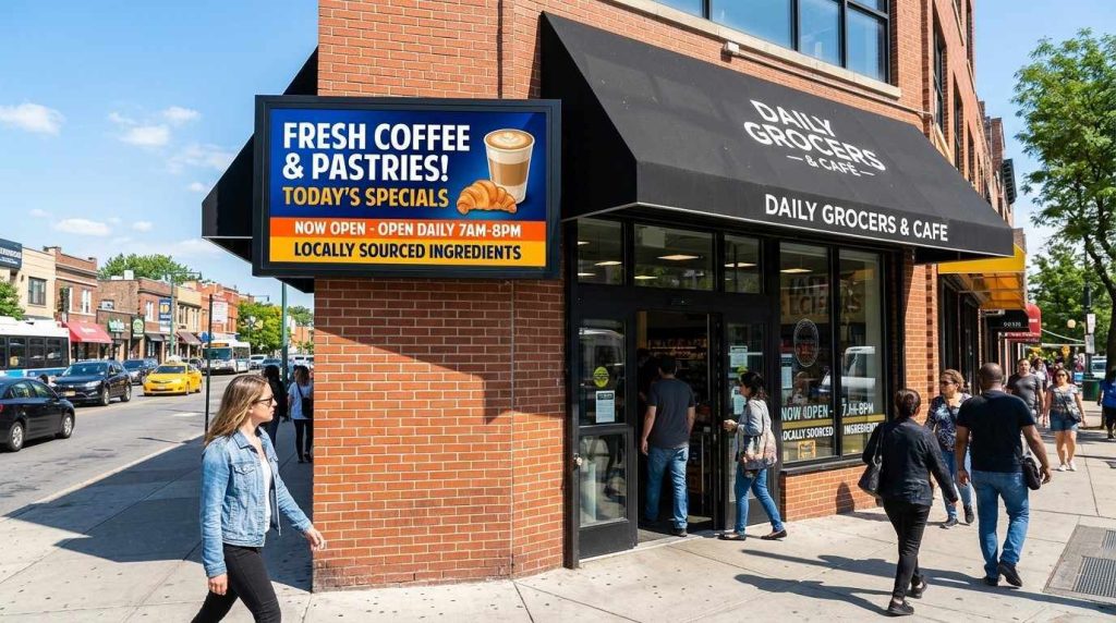 Indoor Vs Outdoor Digital Display Screen: What’s the Difference? 1 An outdoor digital display screen installed on a storefront showing bright, high-visibility advertisements clearly readable in direct sunlight.