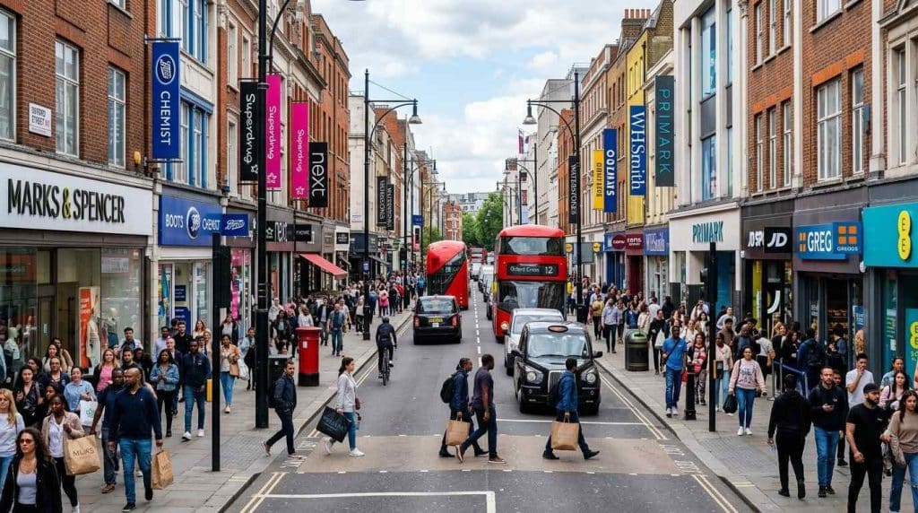 How to Design Retail Store Signage That Influences Buying Behaviour 3 Busy UK high street with multiple retail stores displaying clear shop front signage attracting pedestrians walking past on a typical shopping day”.