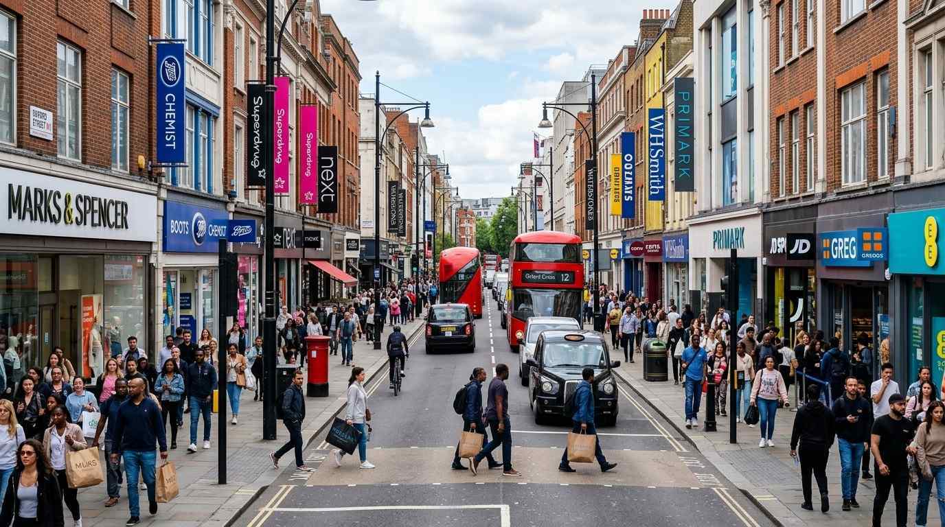 Busy UK high street with multiple retail stores displaying clear shop front signage attracting pedestrians walking past on a typical shopping day”.