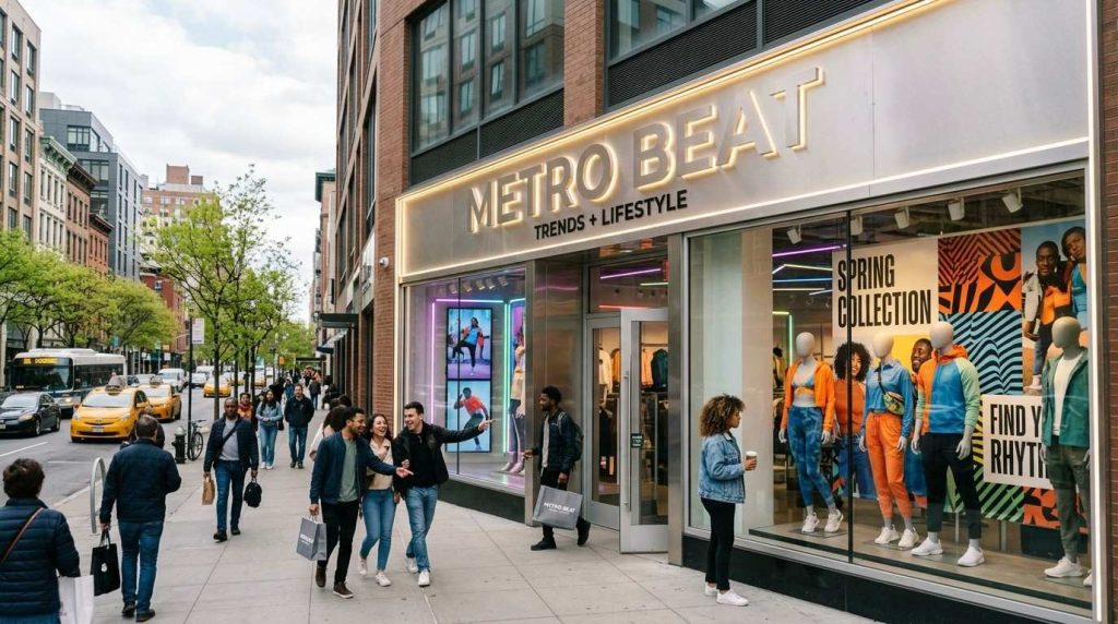 Complete Guide to Company Rebranding Using Professional Signage in the UK 2 (Busy urban street with pedestrians passing a modern retail store featuring eye-catching updated signage and window displays that attract customer attention and foot traffic ):company rebranding