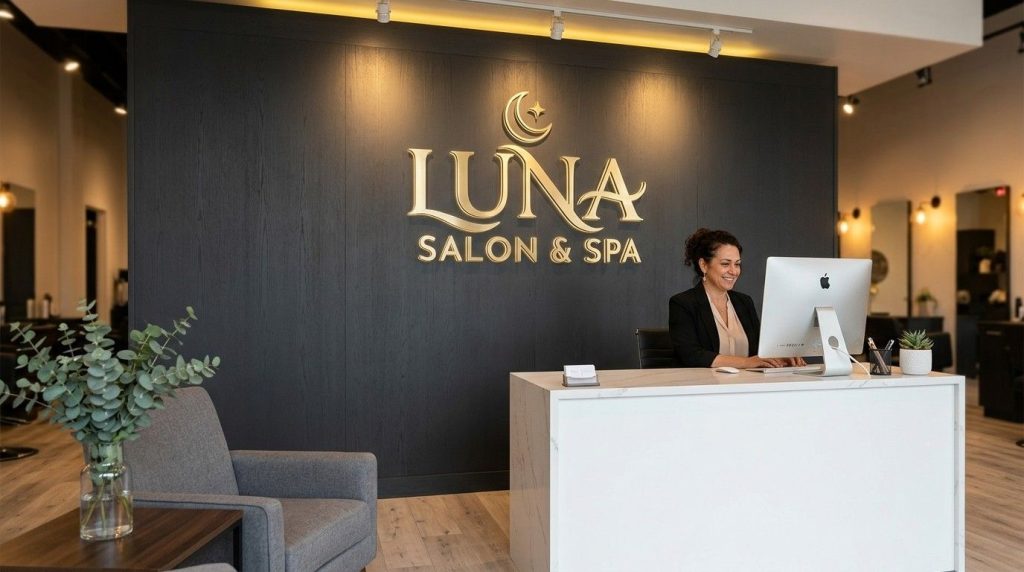 Luxury Beauty Salon Signs: What's Trending in 2026 2 A 3D built-up acrylic logo sign mounted on a dark feature wall behind a white salon reception desk with warm overhead lighting