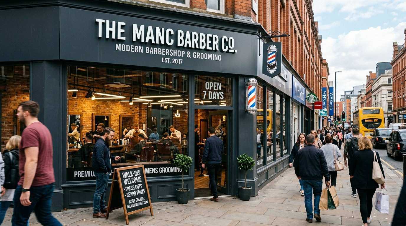 Modern barber shop signs Manchester storefront on a busy Manchester high street with professional signage attracting passing pedestrians.