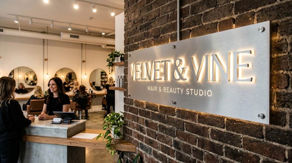 How Effective Salon Signage Attract More Walk-In Clients 1 (A freshly installed brushed aluminium salon sign with halo lit 3D lettering mounted on a brick exterior wall photographed in the evening with the illumination visible)salon signage