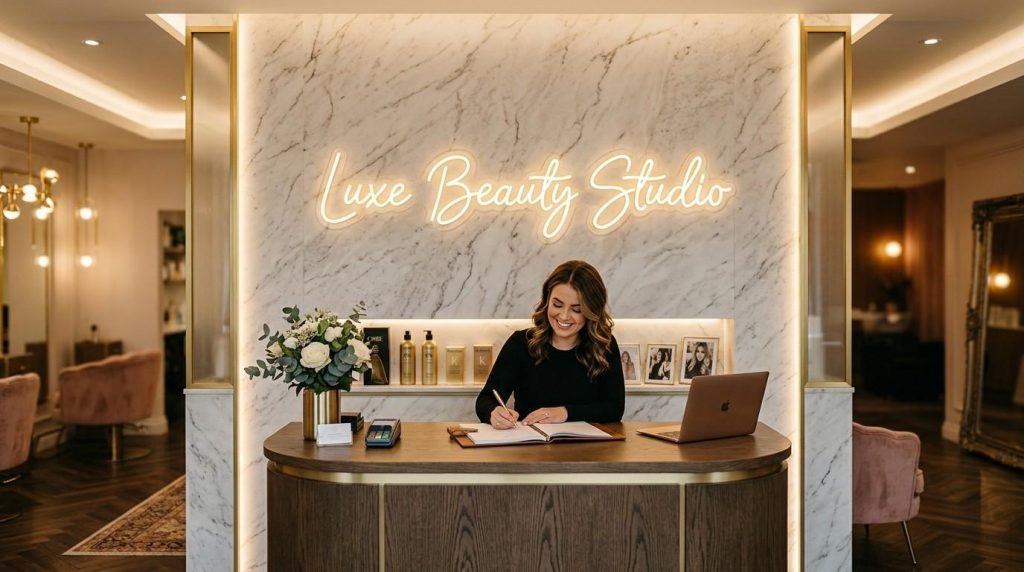 Luxury Beauty Salon Signs: What's Trending in 2026 1 (A script-style champagne gold LED neon sign on a marble wall behind a salon reception desk with soft ambient lighting)Discover the top luxury beauty salon signs trending in 2026. LED neon, shopfronts, window graphics and more. Serving salons across Manchester and the North West.
