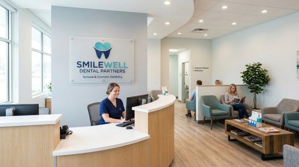Professional Dental Practice Signage: How to Improve Patient Experience 2 A bright clean dental practice reception area with a professionally mounted acrylic branded sign on the wall behind the front desk and a welcoming waiting area visible in the background