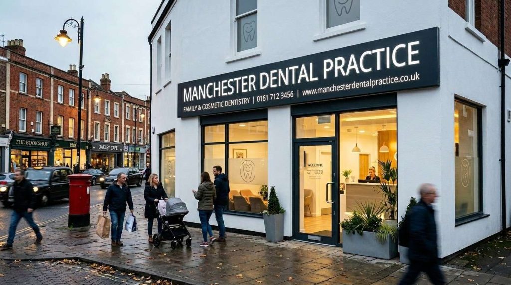 Professional Dental Practice Signage: How to Improve Patient Experience 8 A modern dental practice exterior with a professional illuminated fascia sign displaying the practice name and contact number on a clean white building front in a UK high street setting