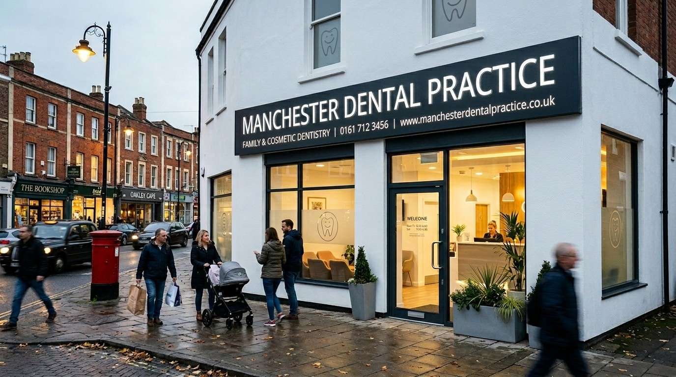 A modern dental practice exterior with a professional illuminated fascia sign displaying the practice name and contact number on a clean white building front in a UK high street setting
