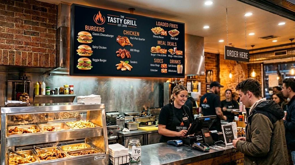 Must-Know Tips to Design Takeaway Signs & Menus for Your Food Outlet 2 Digital menu screen mounted above a takeaway counter displaying food images and prices
