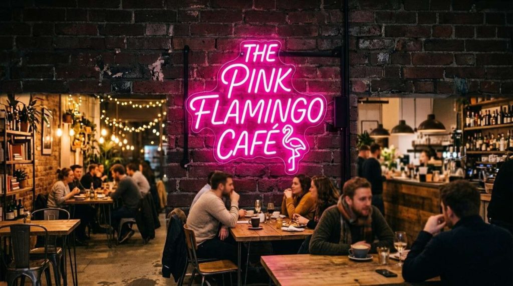 A glowing pink LED restaurant neon sign mounted on a dark brick wall inside a modern UK café