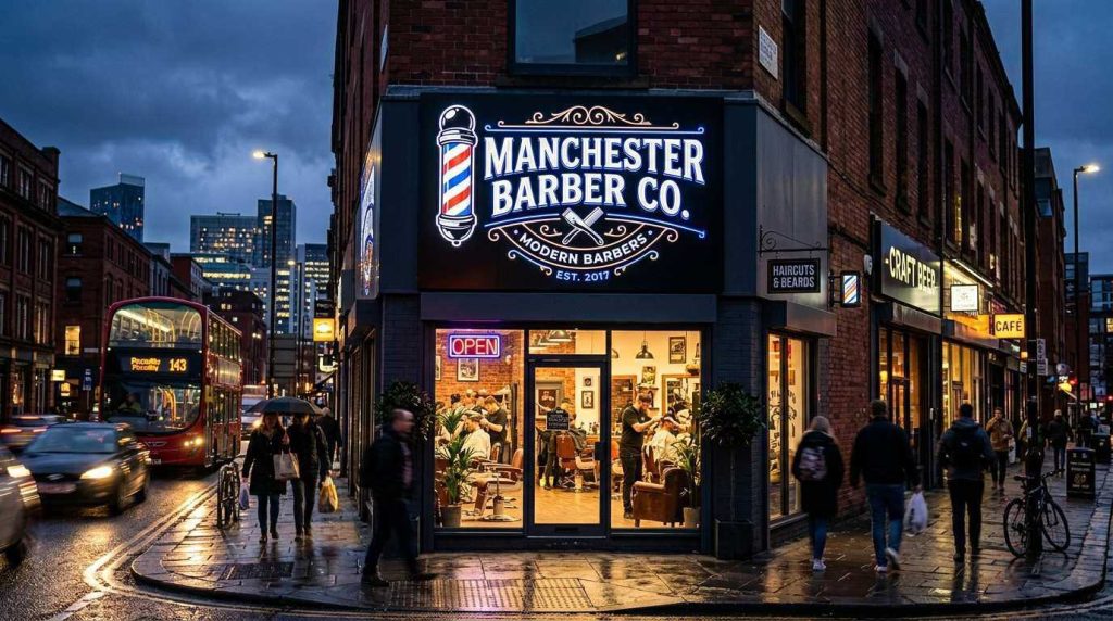 How Barber Shop Signs Can Attract More Customers in Manchester 2 LED illuminated barber shop signs Manchester mounted above a modern shopfront in Manchester during evening hours.