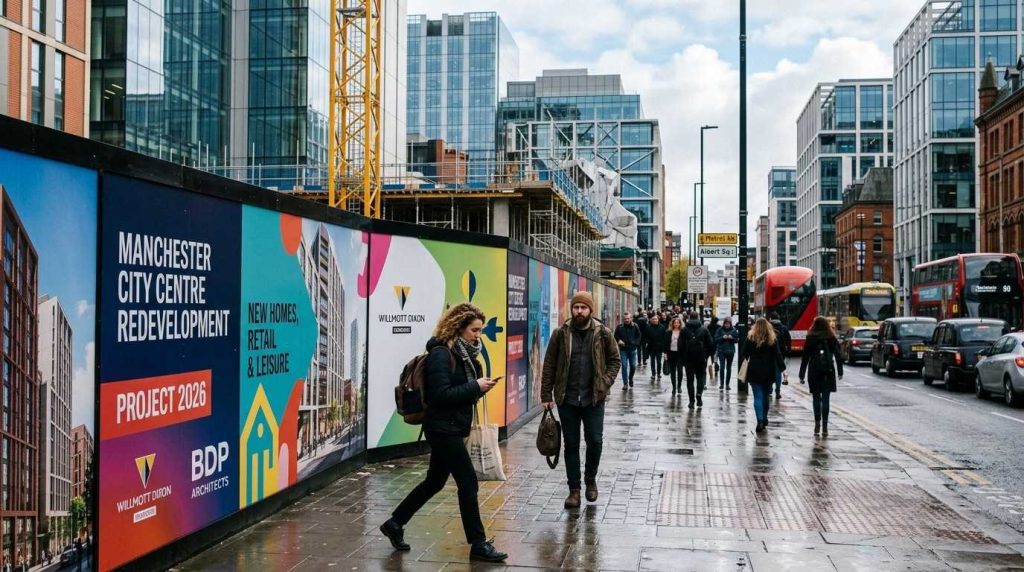 Hoarding Sign Guide: Design Ideas for Construction Sites in Manchester 1 Professionally printed hoarding signs surrounding an active construction site on a busy Manchester city centre street with pedestrians walking past