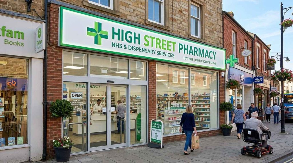 Pharmacy Signage Ideas 2026: Improve Your Medical Store Visibility 1 A clean, modern pharmacy shopfront on a UK high street with a white and green illuminated fascia sign displaying the pharmacy name, large glass windows, and a professional entrance on a bright daytime street with pharmacy sign ideas.