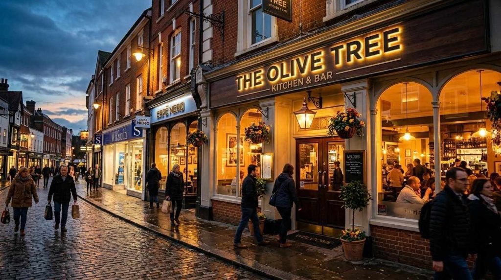 How to Choose the Restaurant Signs Outdoor: Key Factors to Consider 6 A well-lit UK high street restaurant outdoor sign dusk with a illuminated fascia sign displaying the restaurant name in bold lettering above the entrance doors