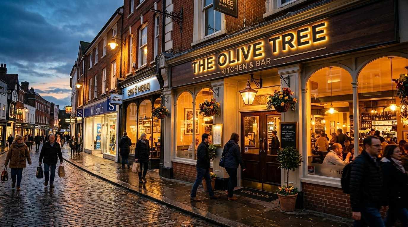 A well-lit UK high street restaurant outdoor sign dusk with a illuminated fascia sign displaying the restaurant name in bold lettering above the entrance doors