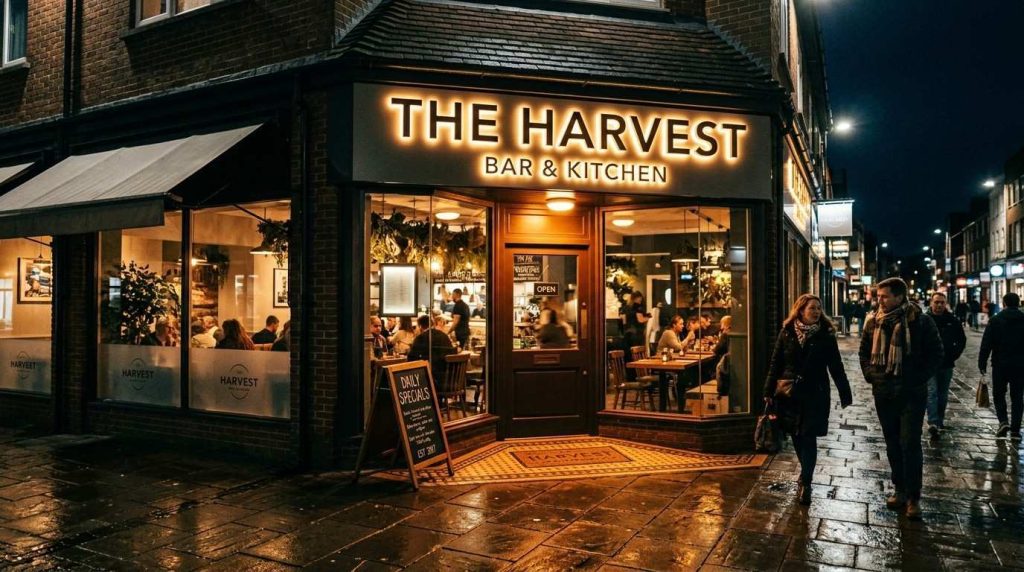 How to Choose the Restaurant Signs Outdoor: Key Factors to Consider 1 A modern UK restaurant shopfront at night with bright LED illuminated channel letter signs above the entrance casting a warm glow onto the pavement below